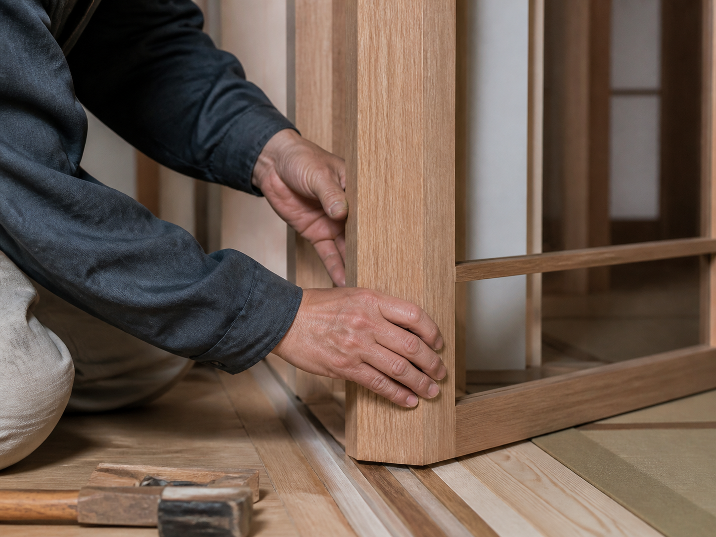 木製建具を丁寧に調整する職人の手元の提案イメージ
